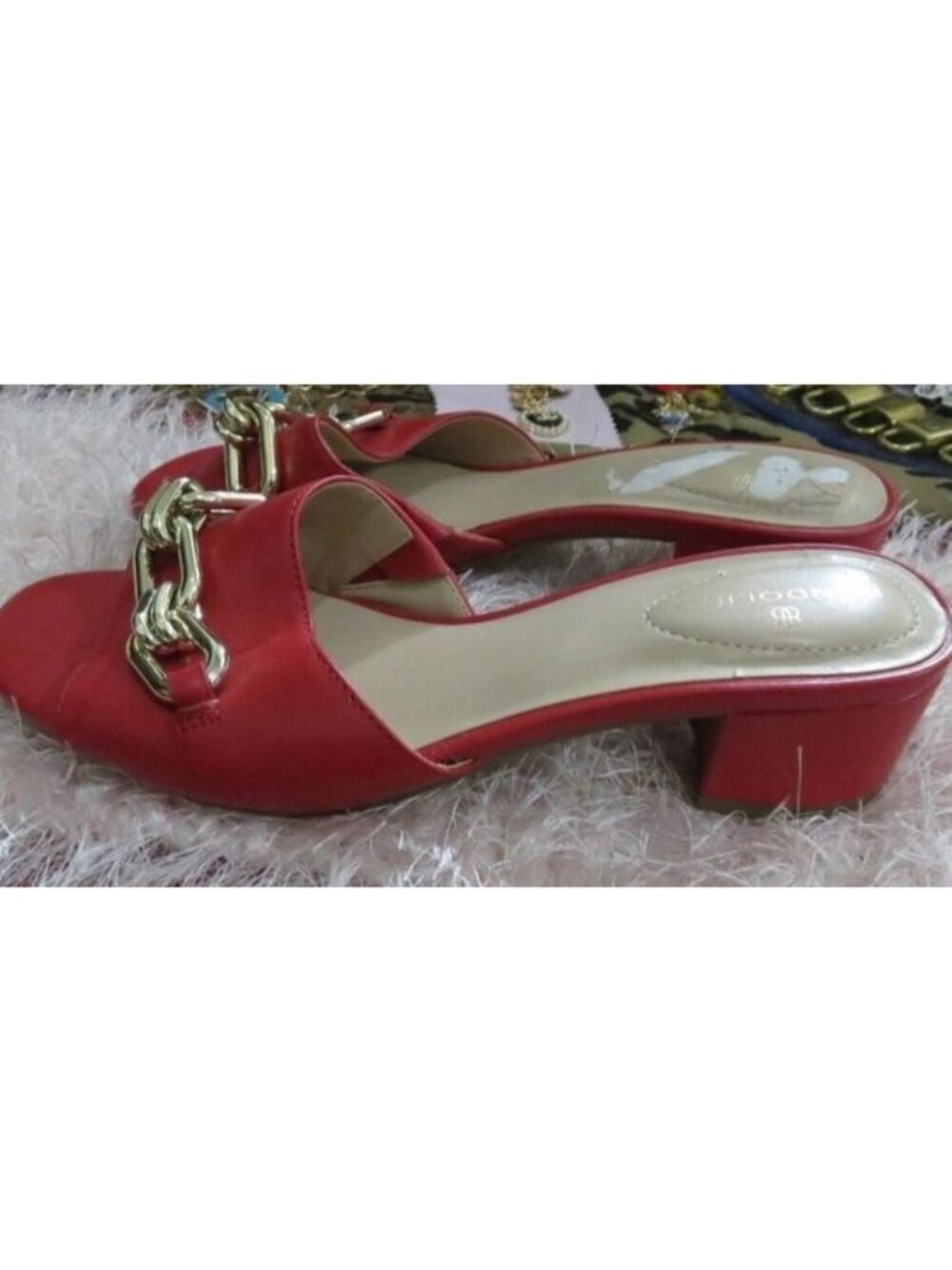 Bandolino Red Leather Gold Chain Embellished Chunky Heeled Mule Sandal size 6